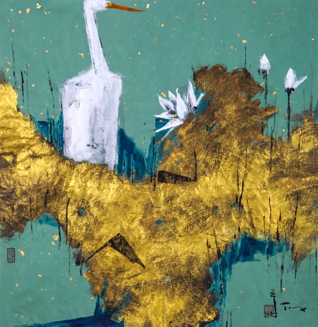 Painting of two cranes - Lotus and Egrets 荷塘与鹭鸶 by Ling Yang Chang