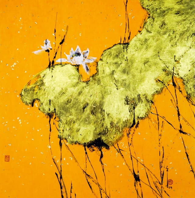 Painting of lotus flowers in a pond - Lotus and Egrets 荷塘与鹭鸶 by Ling Yang Chang